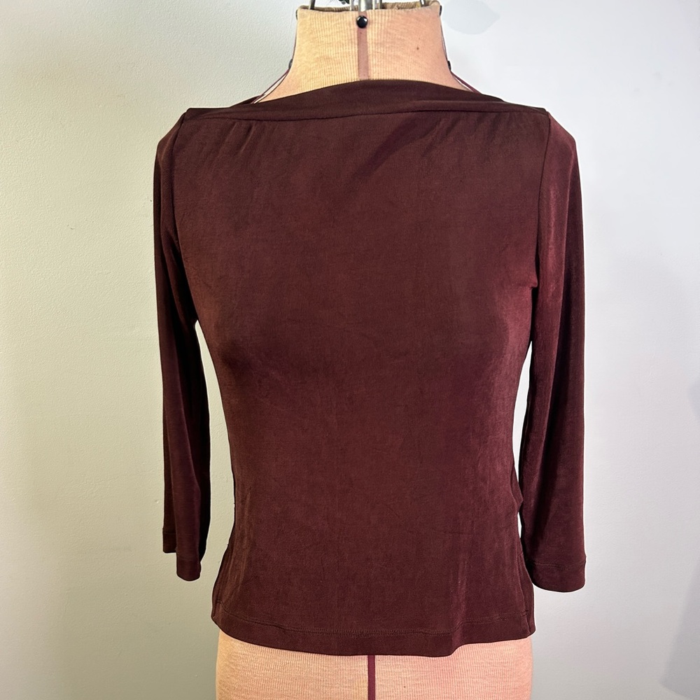 BCBG Max Azria Vintage Boatneck Chocolate Brown Slinky Top Size Small - Picture 2 of 13